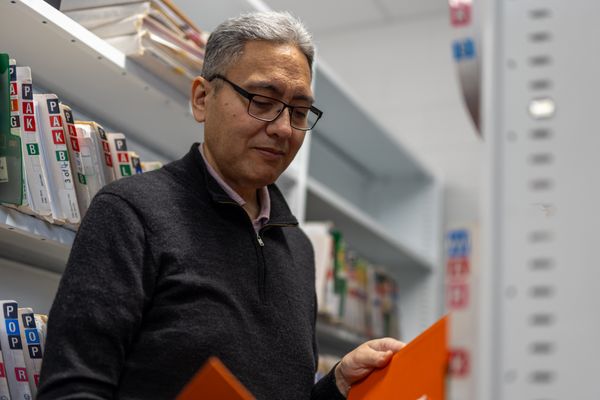 Psychologist consults folder with a shelf of files in the background